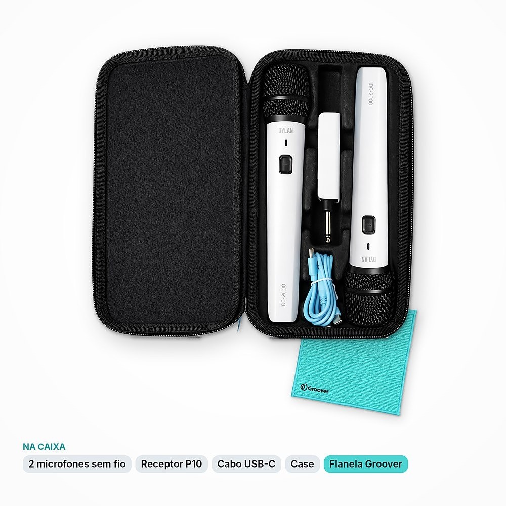 Kit 2 Microfones Sem Fio Dylan DC-2000 Branco Recarregável com Receptor P10 e Case + Flanela Groover