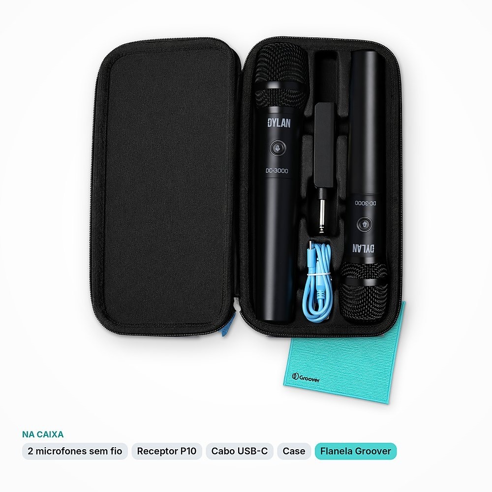 Kit 2 Microfones Sem Fio Dylan DC-3000 Preto 2,4GHz com Receptor P10 e Case + Flanela Groover
