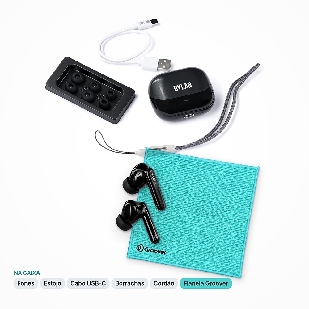 Fone de Ouvido Bluetooth Dylan AT-10 AirTwo Preto com Cancelamento de Ruído ANC + Flanela Groover