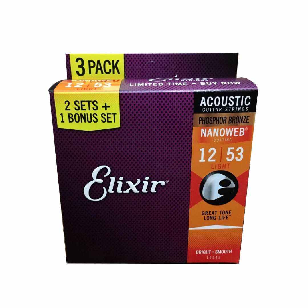 Pack com 3 cordas p/ violão 012 ELIXIR - Phosphor Bronze NANOWEB