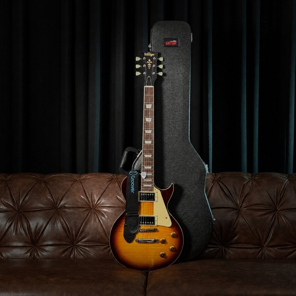 Guitarra Vintage V100 ReIssued Les Paul Flamed Iced Tea + Case Gator e Correia Groover