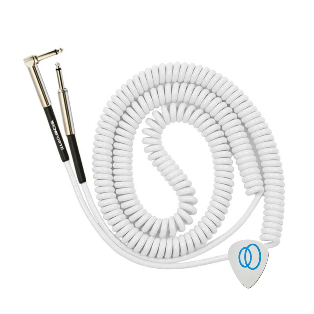 Cabo Tecniforte Jimi Coil Plug em L Espiralado Retro Branco para Guitarra