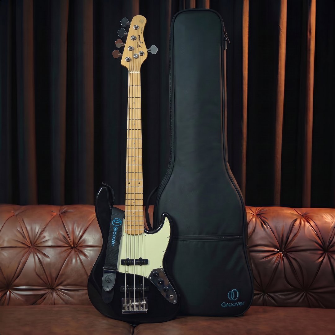 Kit Baixo Tagima TW-73 5 Cordas Jazz Bass Black Passivo Correia Bag Groover