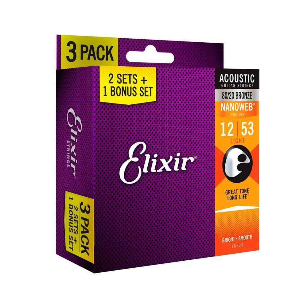 Pack com 3 Cordas de Aço para Violão 012 Elixir 80/20 Bronze Nanoweb