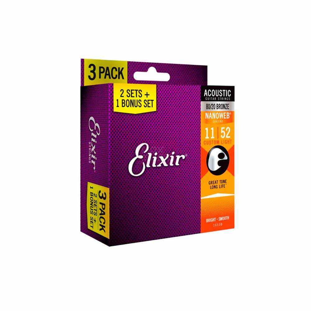 Pack com 3 Cordas de Aço para Violão Elixir 011 80/20 Bronze Nanoweb