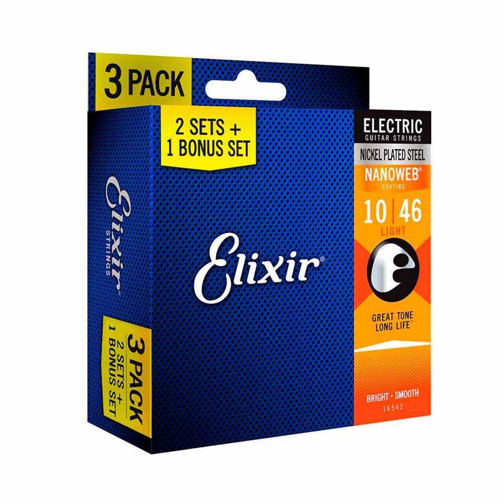 Pack com 3 Cordas 010 para Guitarra Elixir Nickel Plated Steel Nanoweb